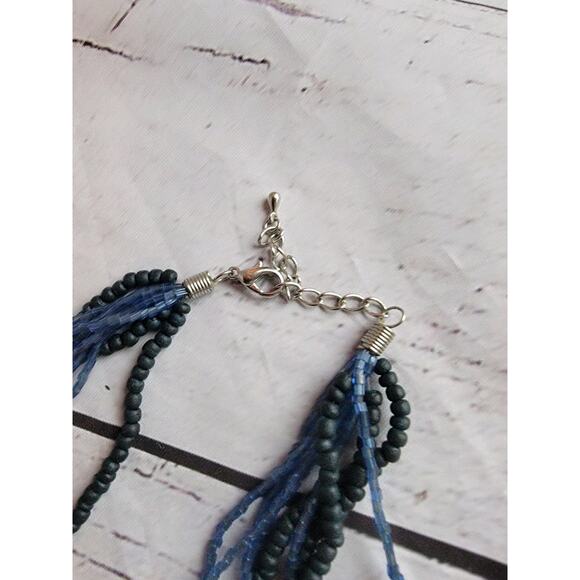 Earthy Boho Style Chunky Double Strand Beaded Shell Necklace Blue Tones - Picture 5 of 6